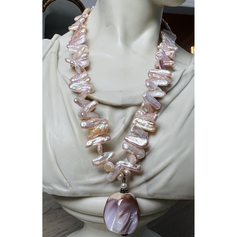 Pink Biwa Style Freshwater Pearl Necklace Large Agate Pendant Statement Baroque